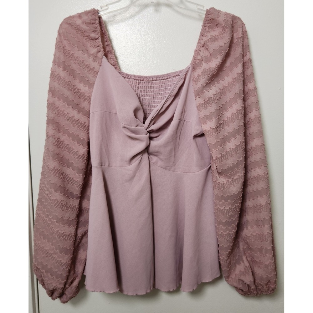 Women's Babydoll‎ Pink Milkmaid Y2K Peplum Top Textured Mesh Sleeves XL Smocked